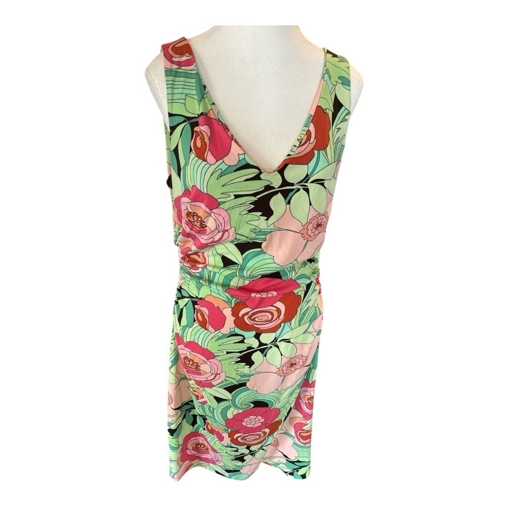 Vintage Y2K BCBG Floral Ruched V-Neck Cap sleeve Dress Size L - Picture 4 of 6